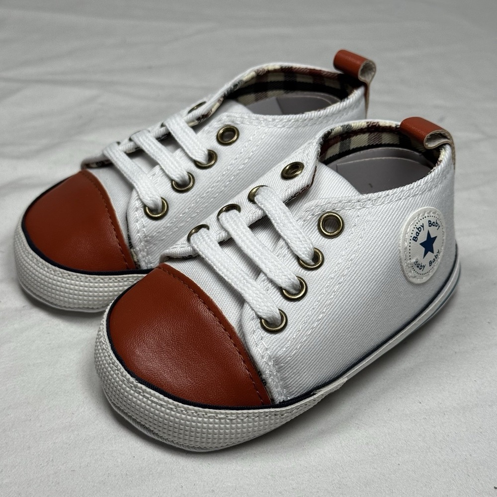 Baby Sneakers Toddler US‎ 2 White Brown Lace Up Soft Sole Casual Shoes